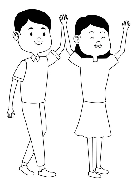 Adolescentes amigos sonriendo y saludando dibujos animados en blanco y negro — Vector de stock