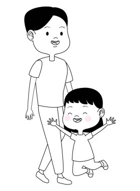 Siyah beyaz çocuklu aile tek anne karikatür