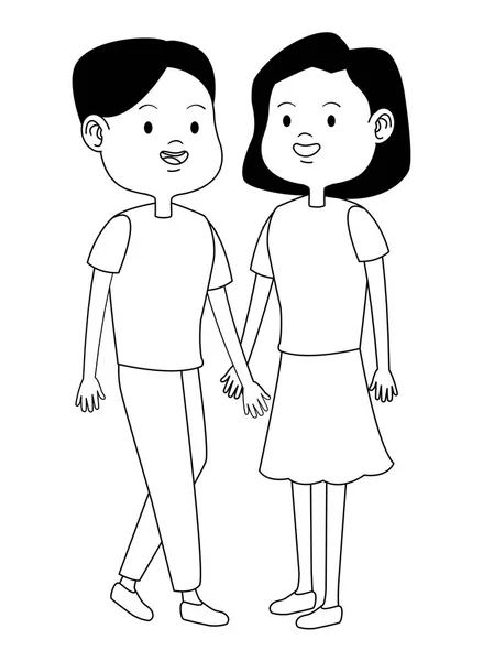 Adolescentes amigos sonriendo y saludando dibujos animados en blanco y negro — Vector de stock