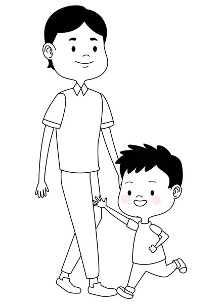 Sungle pai com crianças desenhos animados em preto e branco — Vetor de Stock