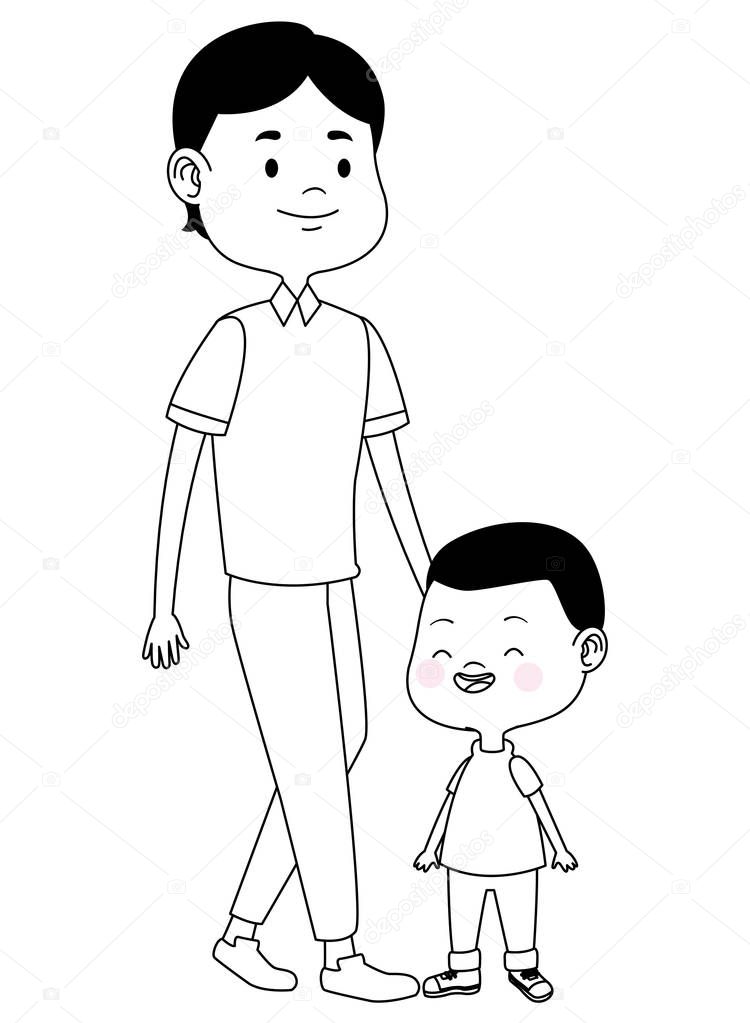 Sungle father with children cartoons in black and white
