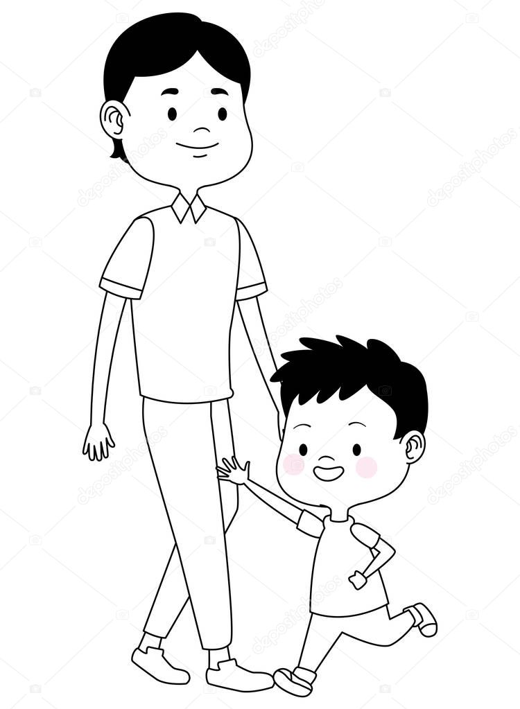 Sungle father with children cartoons in black and white