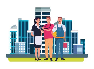 Profesyoneller işçi karakterleri çizgi film gülümseyen