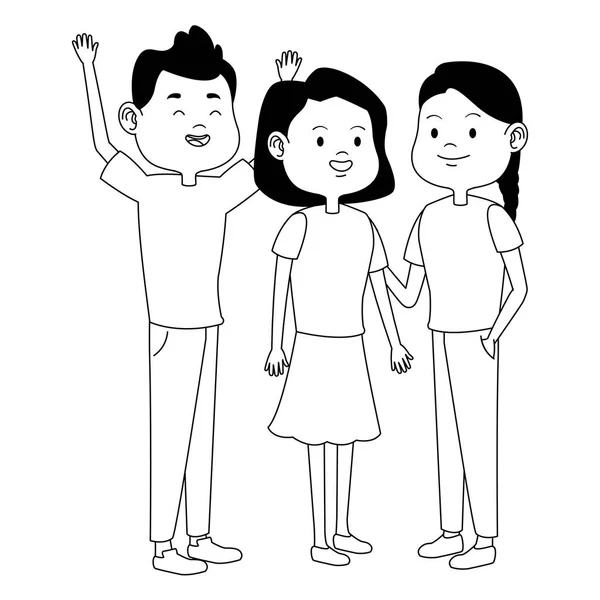 Adolescents amis souriants et salutations dessins animés en noir et blanc — Image vectorielle