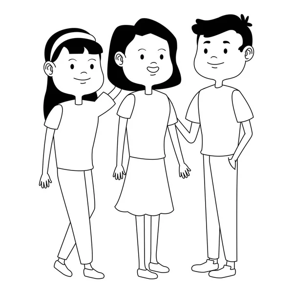 Tonåringar vänner leende och hälsning karikatyrerna i svart och vitt — Stock vektor