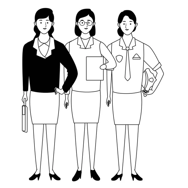 Profesionales trabajadores personajes sonriendo dibujos animados en blanco y negro — Vector de stock