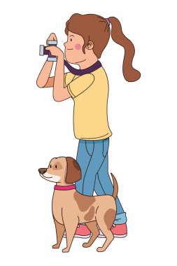Genç gülümseyen ve köpek karikatür yürüyüş