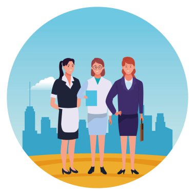 Profesyoneller işçi karakterleri gülümseyen karikatürler yuvarlak simgesi