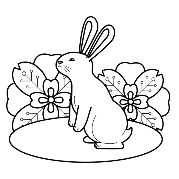 Bonito coelho e flor desenhos animados em preto e branco — Vetor de Stock