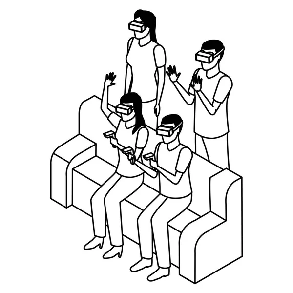 Virtuális valóság technológiai tapasztalat karikatúra, fekete-fehér — Stock Vector