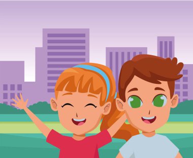 Sevimli çocuklar park karikatür oynarken