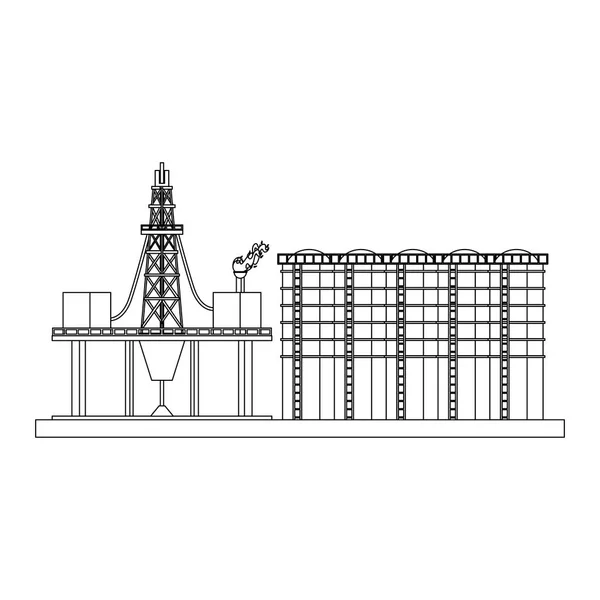 Siyah beyaz petrol rafinerisi gaz fabrikası karikatür — Stok Vektör