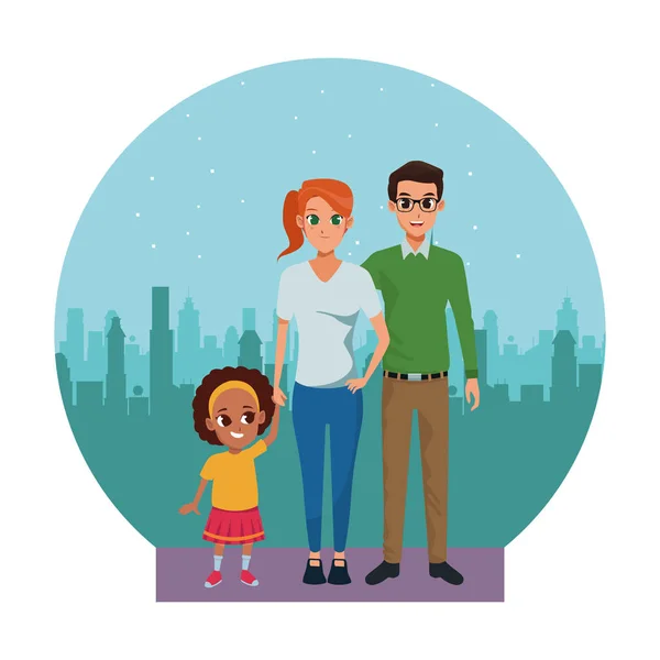 Familia padres jóvenes con niño pequeño — Vector de stock