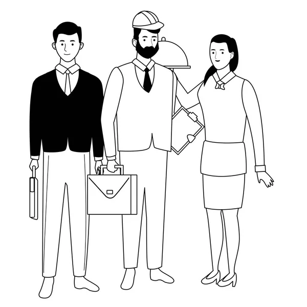 Professionnels travailleurs personnages souriants dessins animés en noir et blanc — Image vectorielle