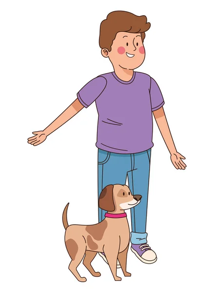 Adolescent souriant et promener le chien dessin animé — Image vectorielle
