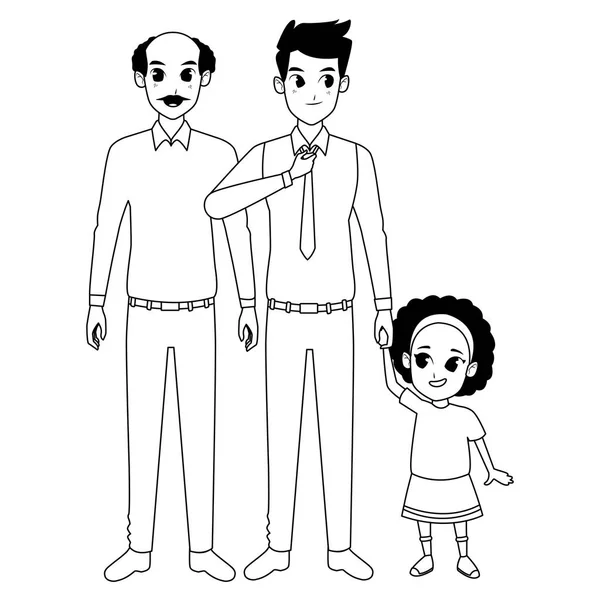 Padre y abuelo de familia mano de con afro chica en blanco y negro — Vector de stock
