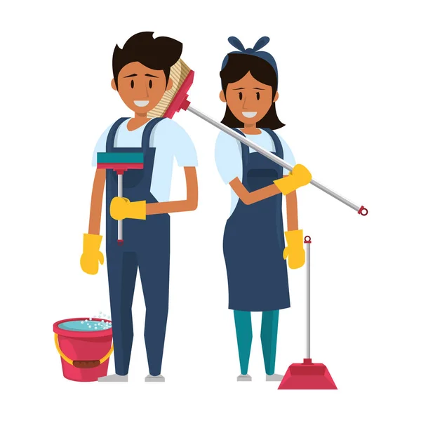 Limpiadores trabajadores con equipo de limpieza — Vector de stock