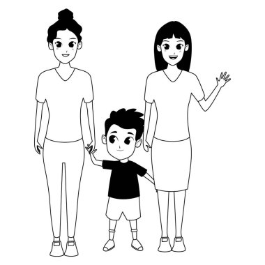 Aile ebeveynleri ve çocuk karikatürler siyah beyaz