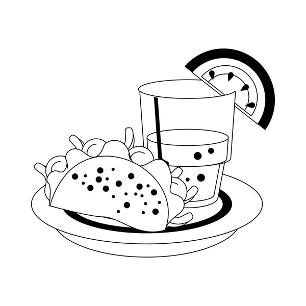 Culture mexicaine et aliments dessins animés en noir et blanc — Image vectorielle