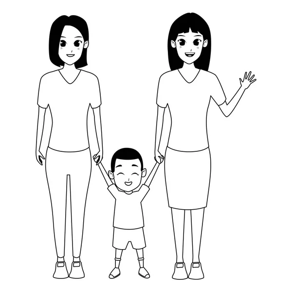 Couple de femmes de famille avec petit garçon en noir et blanc — Image vectorielle