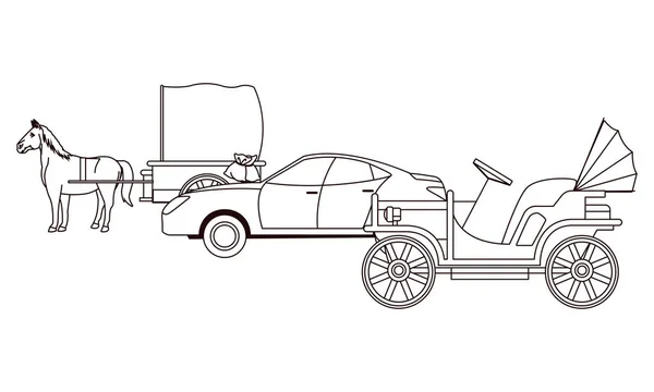 흑백 클래식 자동차와 마차 차량 — 스톡 벡터