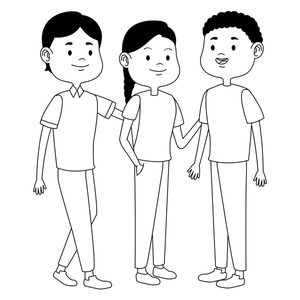 Adolescentes amigos sonriendo y saludando dibujos animados en blanco y negro — Vector de stock