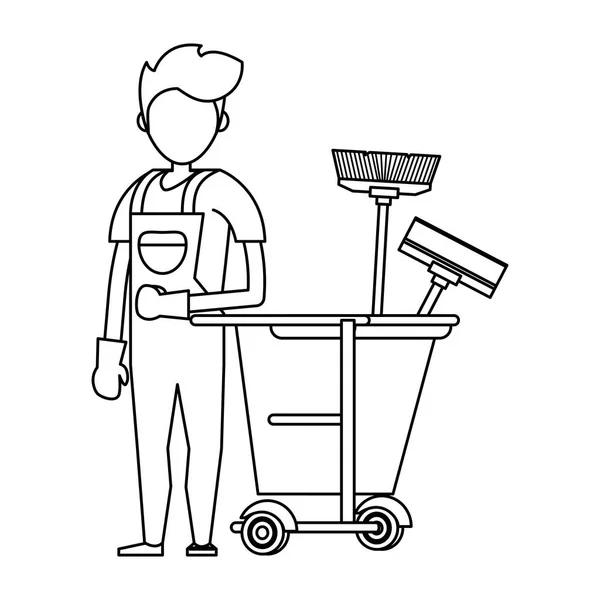 Siyah beyaz temizlik ürünleri ve ekipmanları ile temizleyici işçi — Stok Vektör