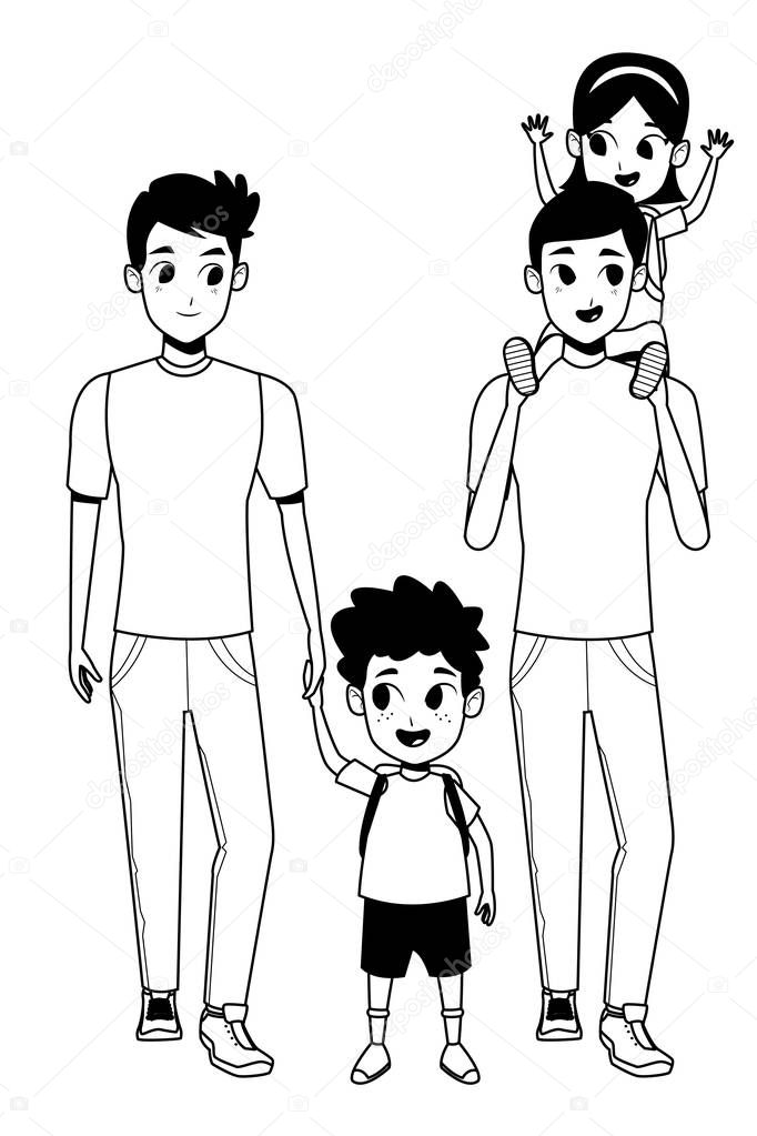 Family young parents with children cartoon in black and white