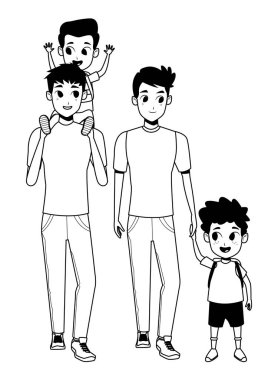 Siyah beyaz çocuklu aile genç ebeveynler karikatür