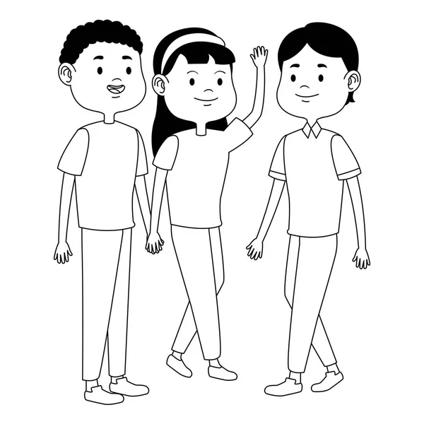 Adolescents amis souriants et salutations dessins animés en noir et blanc — Image vectorielle