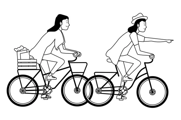Jonge mensen rijden fietsen cartoon in zwart-wit — Stockvector