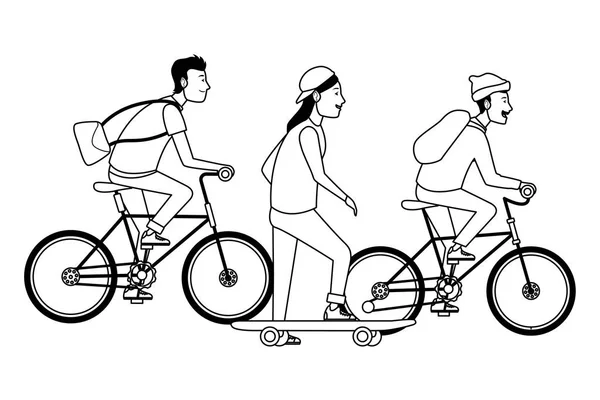 Люди з велосипедами і скейтбордом в чорно-білому — стоковий вектор
