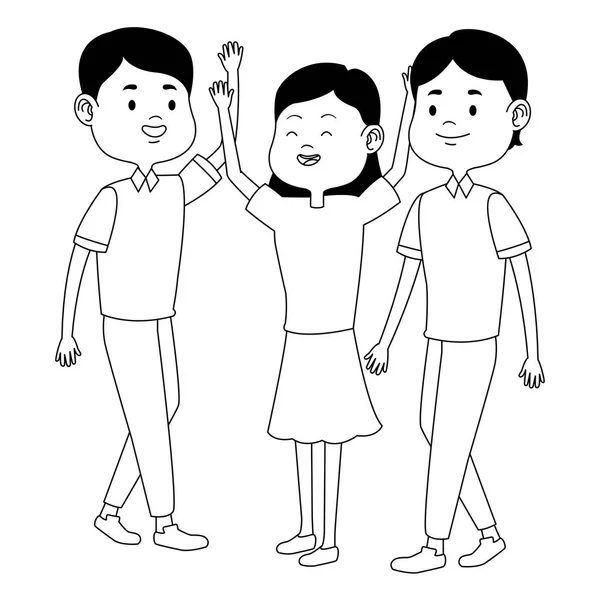 Adolescentes amigos sonriendo y saludando dibujos animados en blanco y negro — Vector de stock