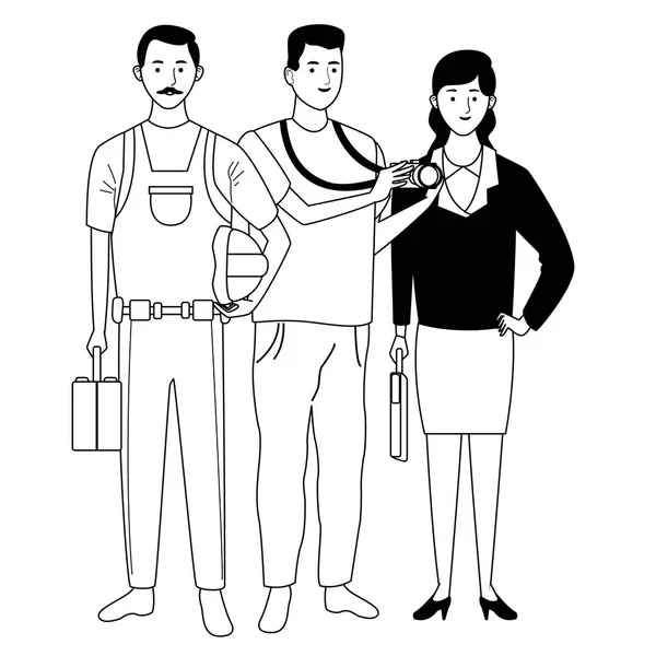 Yrkesverksamma arbetare karaktärer leende karikatyrer i svart och vitt — Stock vektor