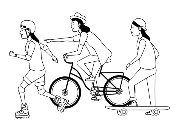 Joven pareja con sakteboard, patines y bicicletas en blanco y negro — Archivo Imágenes Vectoriales