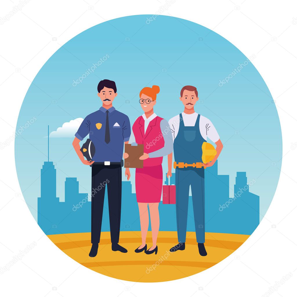 Professionals workers characters smiling cartoons round icon