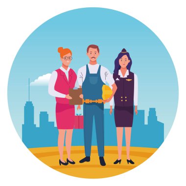 Profesyoneller işçi karakterleri gülümseyen karikatürler yuvarlak simgesi