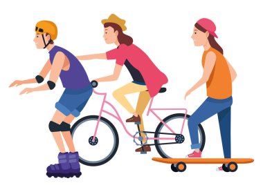 Sakteboard, paten ve bisiklet ile genç peple