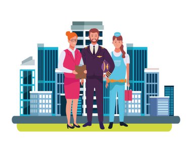 Profesyoneller işçi karakterleri çizgi film gülümseyen