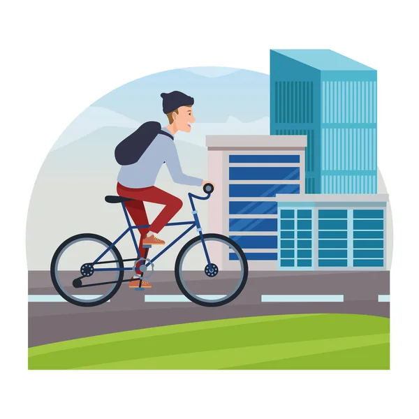 Jeune homme chevauchant sur le vélo dessin animé — Image vectorielle