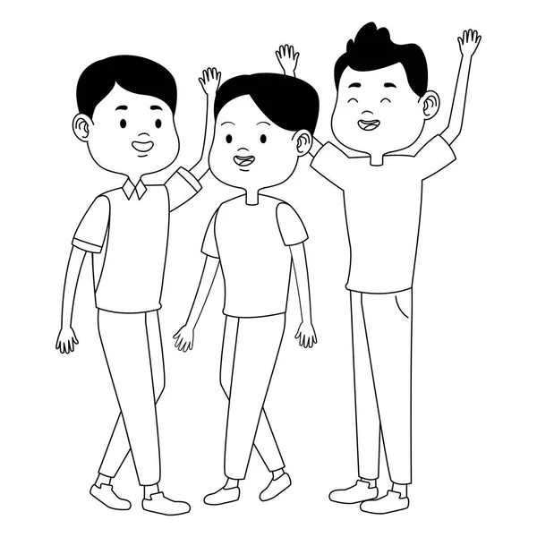 Adolescents amis souriants et salutations dessins animés en noir et blanc — Image vectorielle