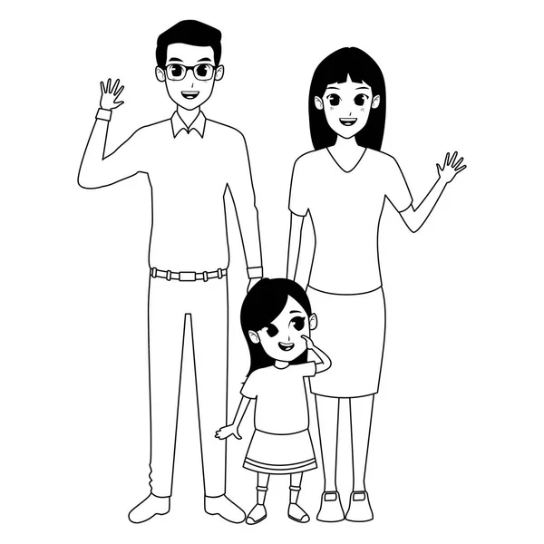 家庭父母和儿童在黑色和白色的卡通 — 图库矢量图片