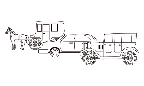 Oldtimer und Pferdekutschen in schwarz-weiß — Stockvektor