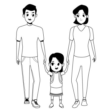 Siyah beyaz çocuklu aile genç ebeveynler karikatür