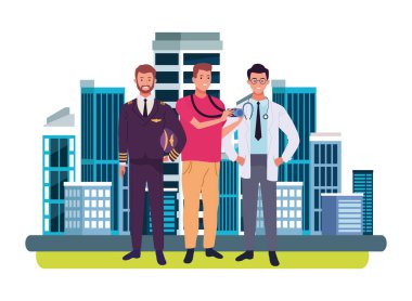 Profesyoneller işçi karakterleri çizgi film gülümseyen