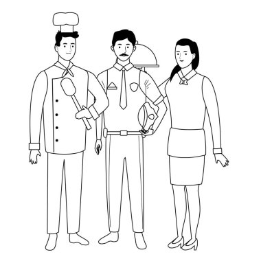 Profesyoneller işçi karakterleri siyah beyaz karikatürler gülümseyen