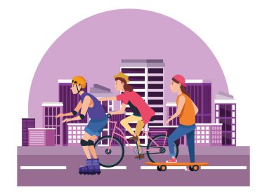 Sakteboard, paten ve bisiklet ile genç peple