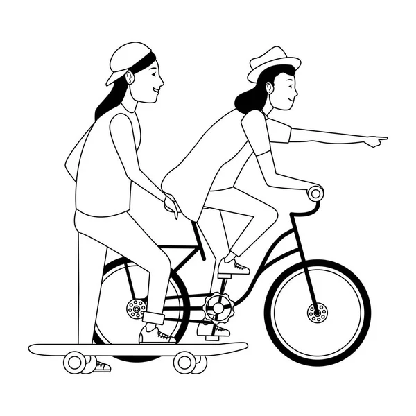 Jeunes avec vélo et skateboard en noir et blanc — Image vectorielle