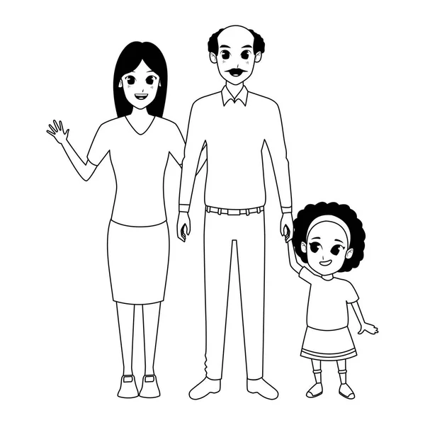 家庭阿弗罗祖父与女儿和孙女在黑色和白色 — 图库矢量图片