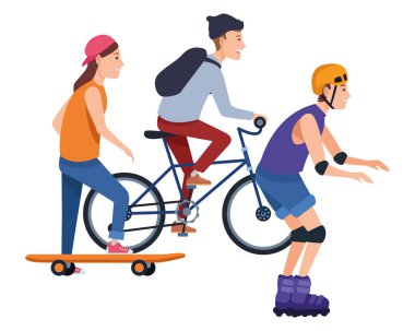 Sakteboard, paten ve bisiklet ile genç peple